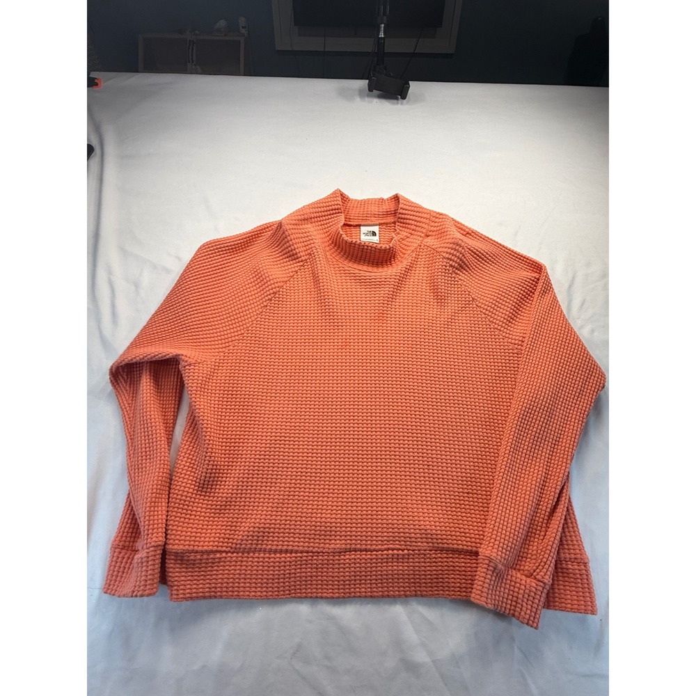 The North Face Womens XL Waffle Knit Mock Neck Pullover Coral Orange Thermal Top